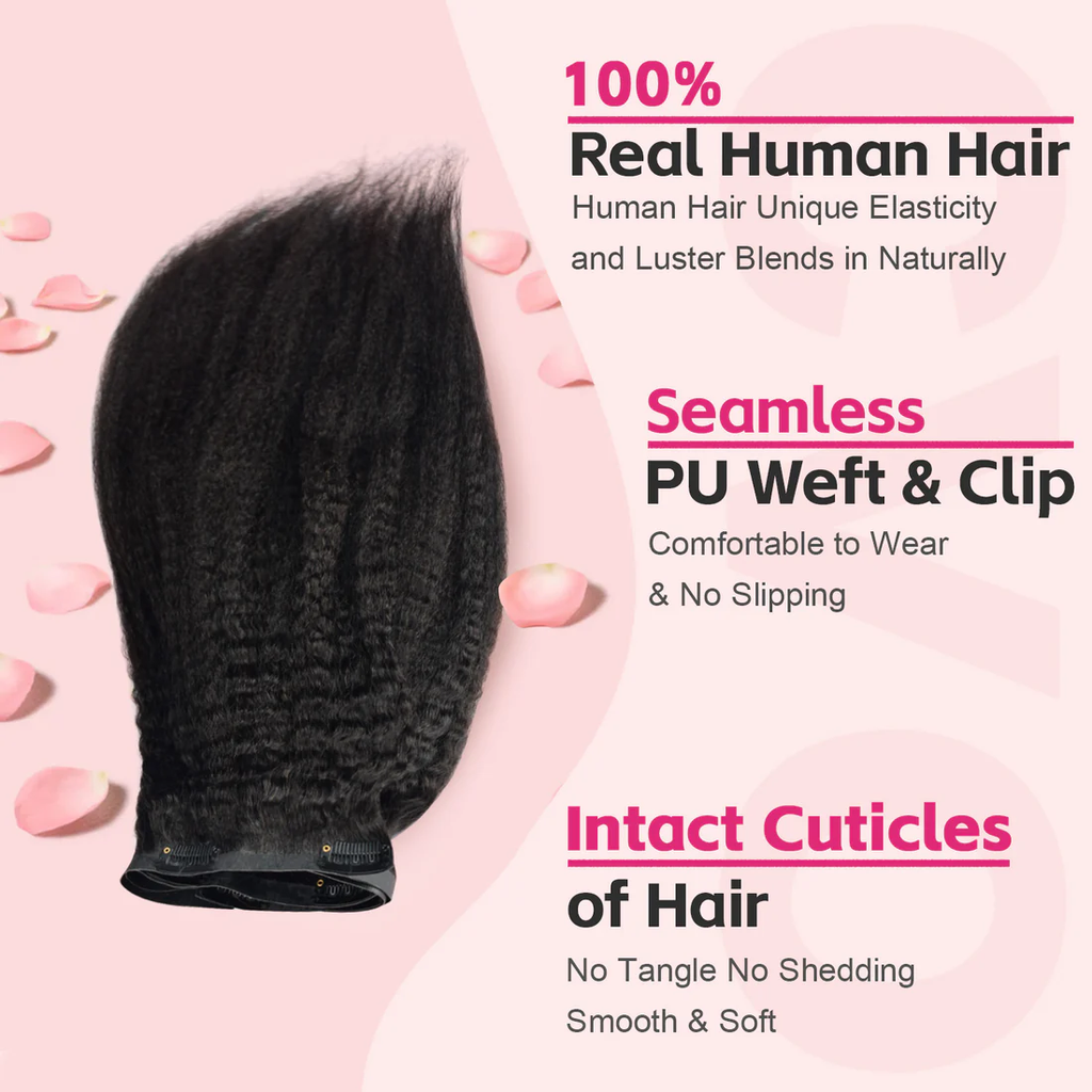 Limited Time 2-Pack Sale 🔥#1B Kinky Straight PU Seamless Clip in Human Hair Extensions🎯 Free Shipping