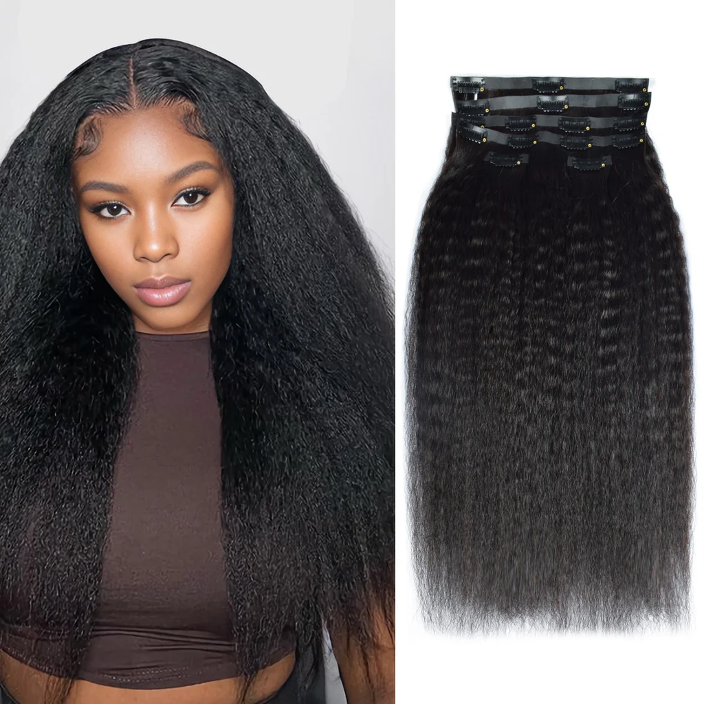 Limited Time 2-Pack Sale 🔥#1B Kinky Straight PU Seamless Clip in Human Hair Extensions🎯 Free Shipping