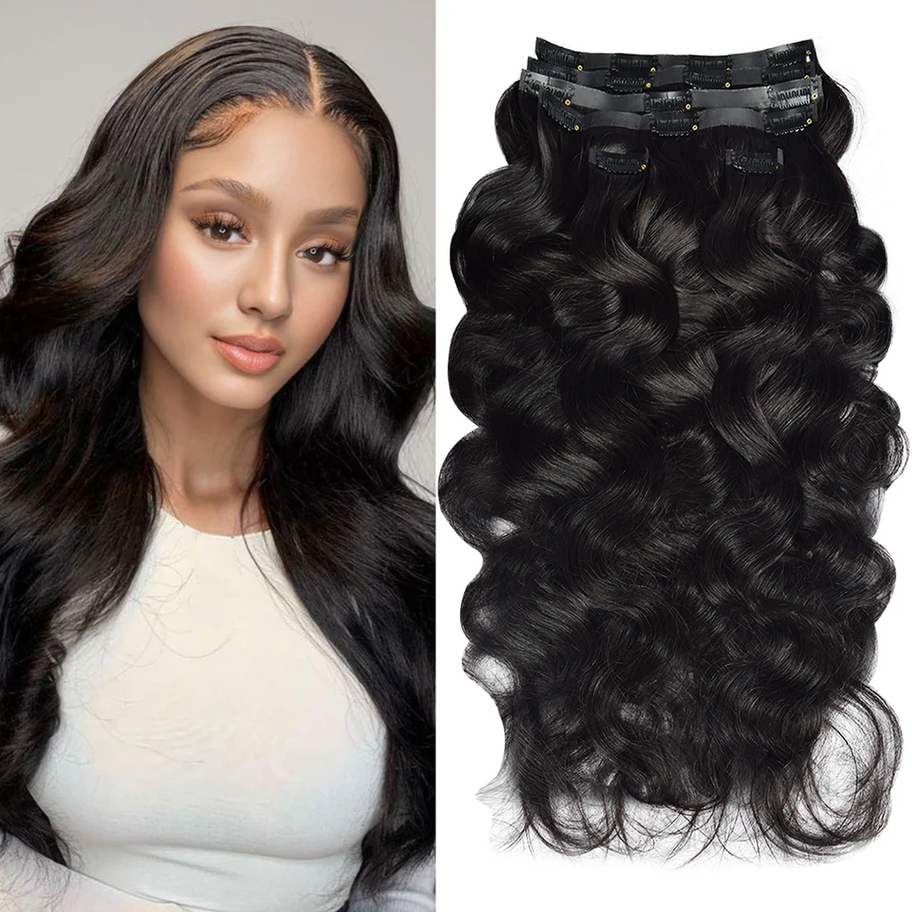 #1B Body Wavy PU Seamless Clip in Human Hair Extensions🎯 Free Shipping