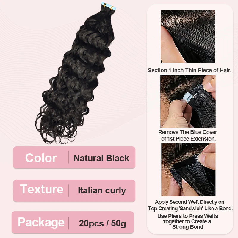 Limited Time 2-Pack Sale 🔥#1B Italian Curly PU Seamless Tape in Human Hair Extensions🎯 Free Shipping
