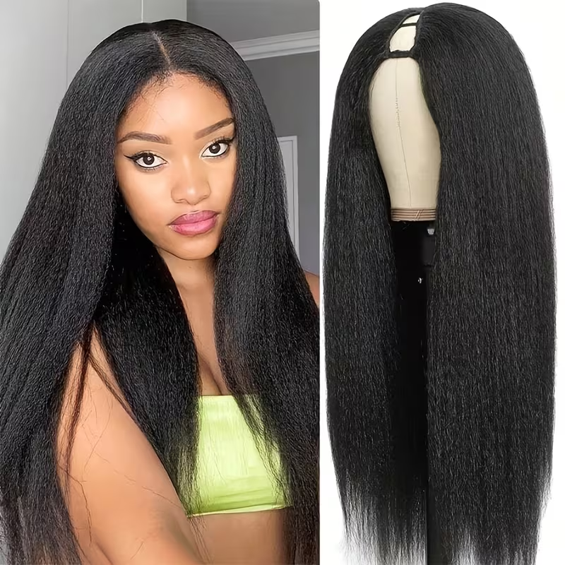 #1B U/V Part Glueless Human Hair Kinky Straight Wig 180% Density🎯 Free Shipping