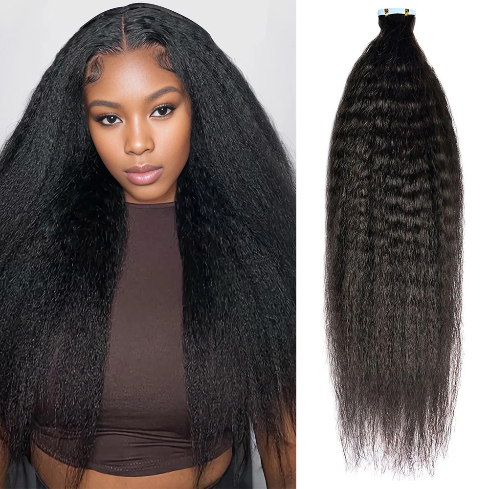 Limited Time 2-Pack Sale 🔥#1B Kinky Straight PU Seamless Tape in Human Hair Extensions🎯 Free Shipping