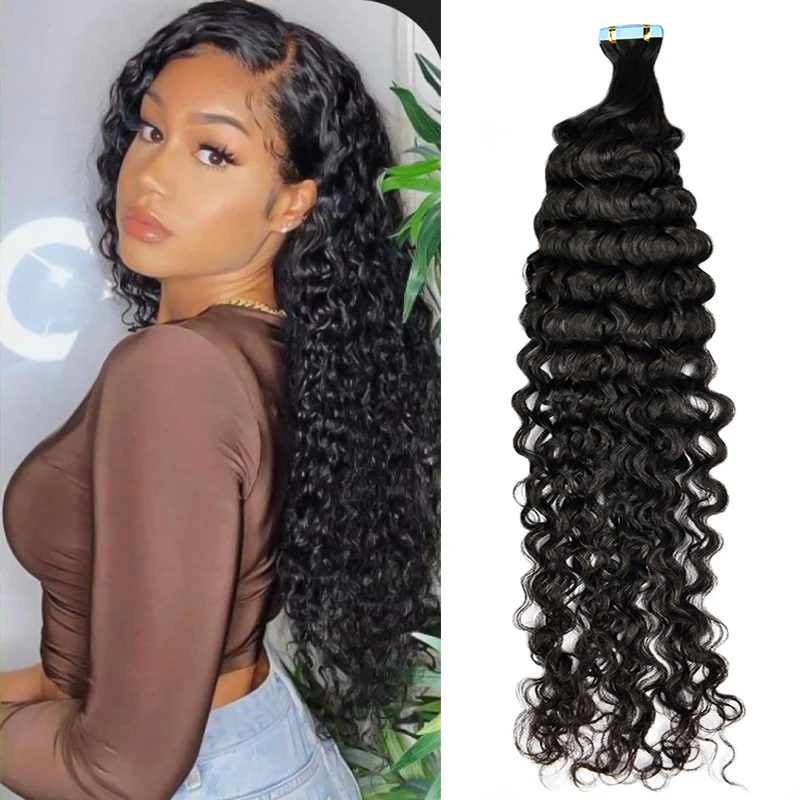 Limited Time 2-Pack Sale 🔥#1B Deep Curly PU Seamless Tape in Human Hair Extensions🎯 Free Shipping