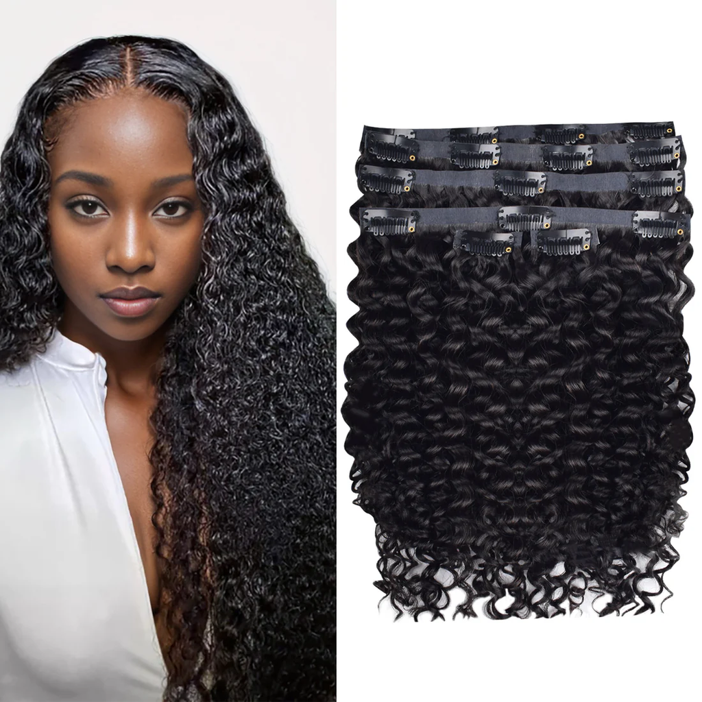 #1B Deep Curly PU Seamless Clip in Human Hair Extensions🎯 Free Shipping