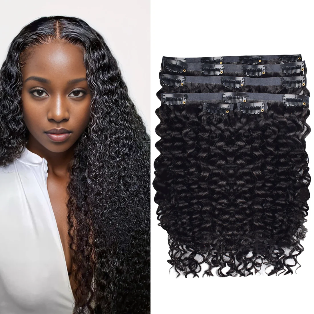 #1B Deep Curly PU Seamless Clip in Human Hair Extensions🎯 Free Shipping