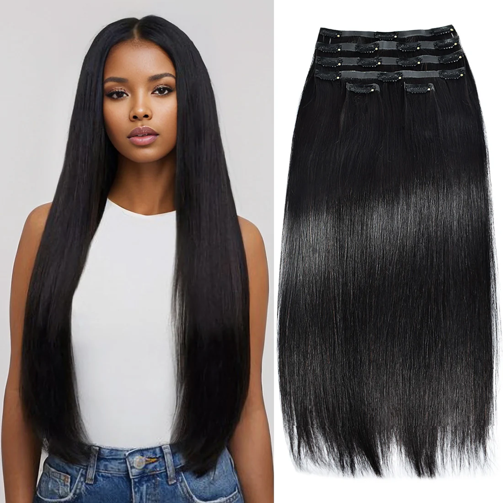 #1B Straight PU Seamless Clip in Human Hair Extensions🎯 Free Shipping