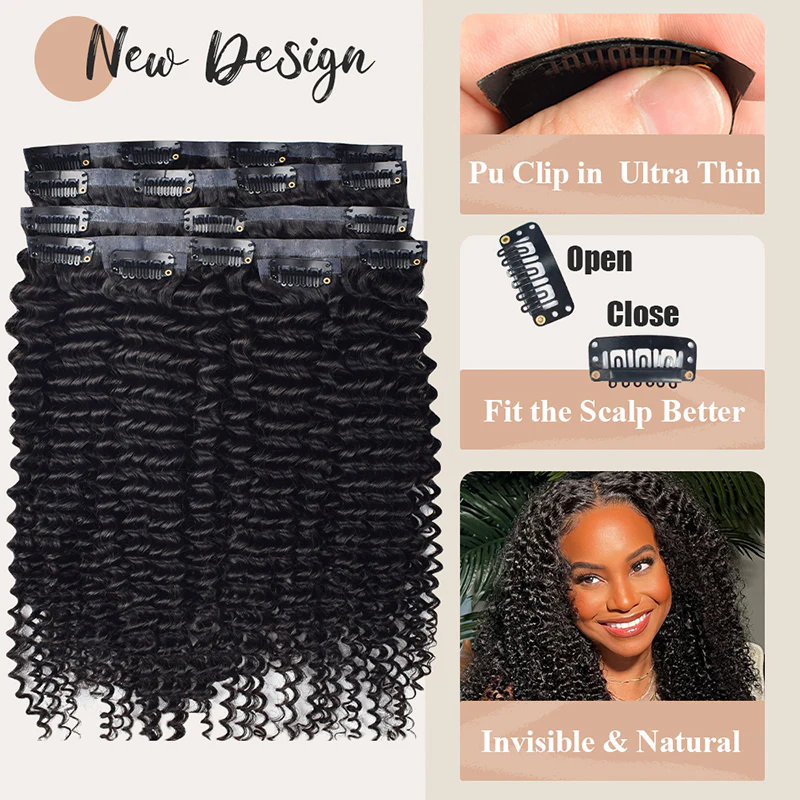 Limited Time 2-Pack Sale 🔥#1B Kinky Curly PU Seamless Clip in Human Hair Extensions🎯 Free Shipping