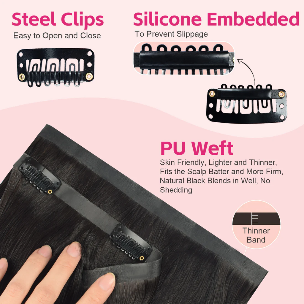 #1B Body Wavy PU Seamless Clip in Human Hair Extensions🎯 Free Shipping