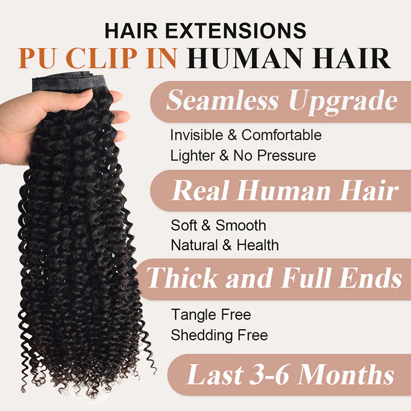 Limited Time 2-Pack Sale 🔥#1B Kinky Curly PU Seamless Clip in Human Hair Extensions🎯 Free Shipping