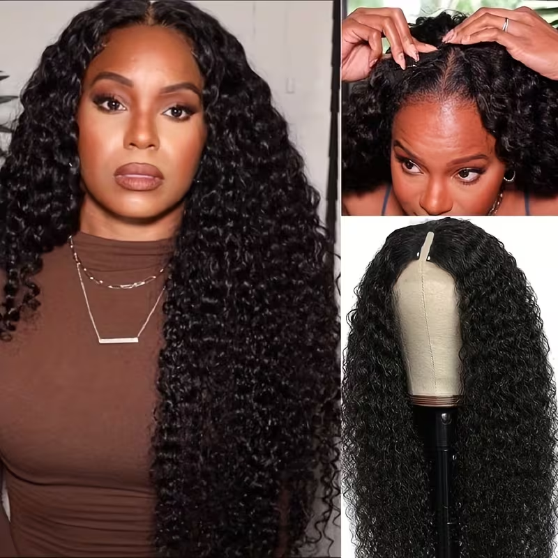 #1B U/V Part Glueless Human Hair Kinky Curly Wig 180% Density🎯 Free Shipping