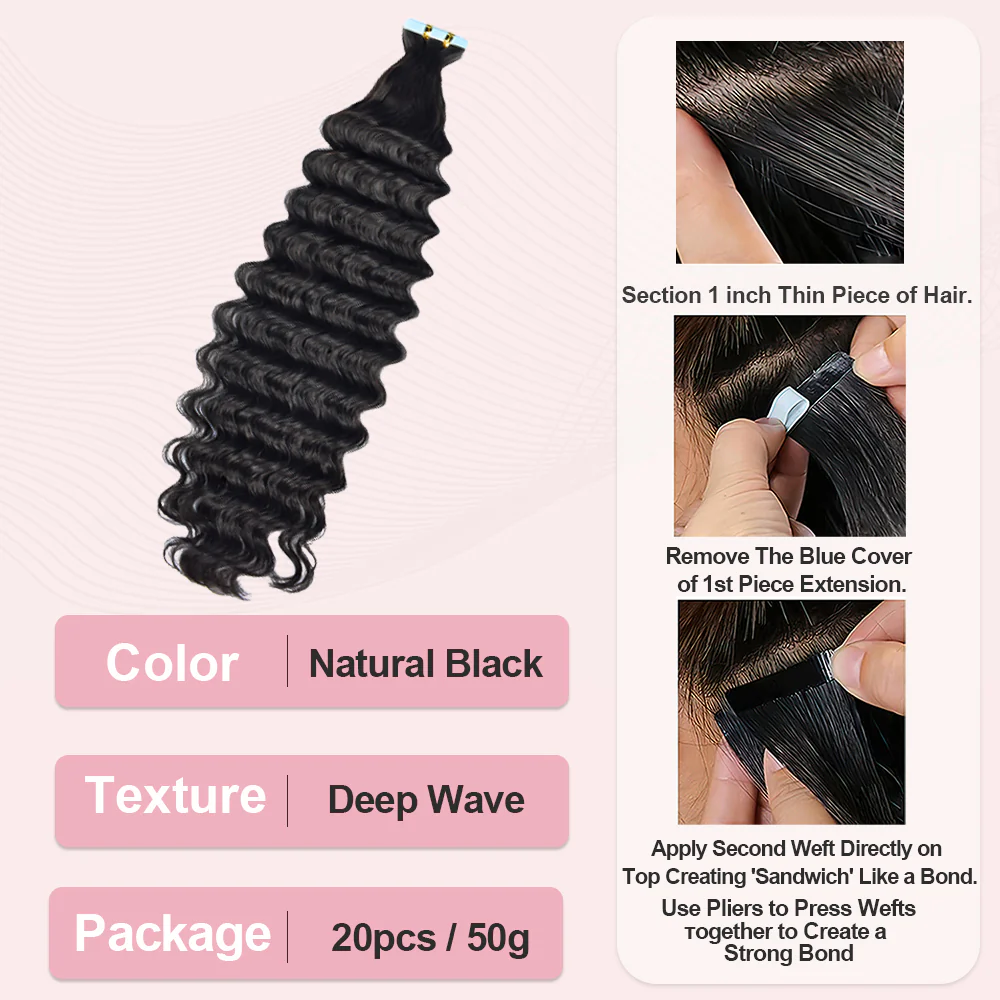 #1B Deep  Wavy PU Seamless Tape in Human Hair Extensions🎯 Free Shipping