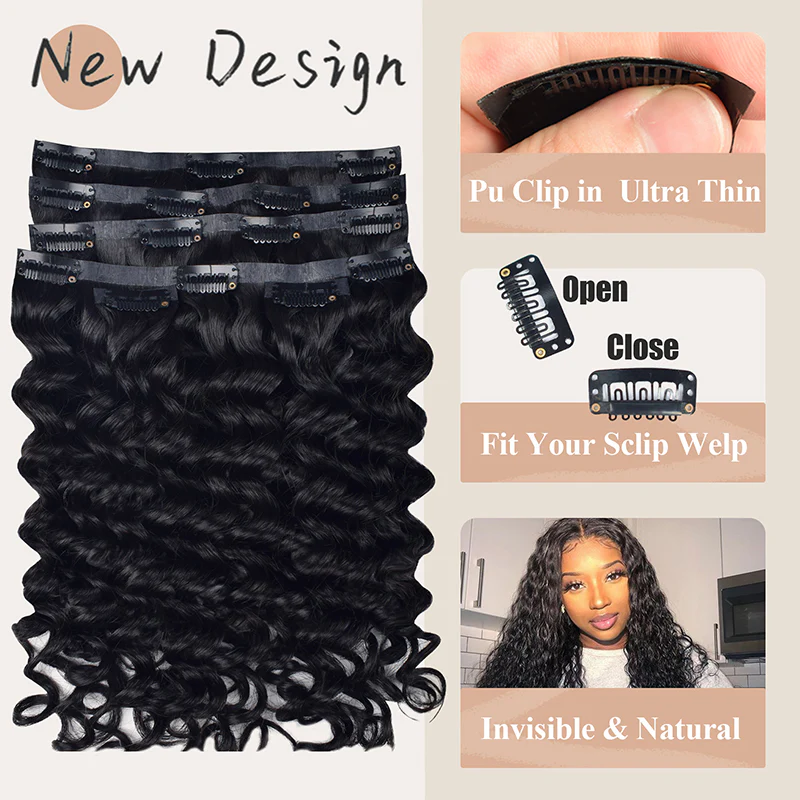 Limited Time 2-Pack Sale 🔥#1B Deep  Wavy PU Seamless Clip in Human Hair Extensions🎯 Free Shipping