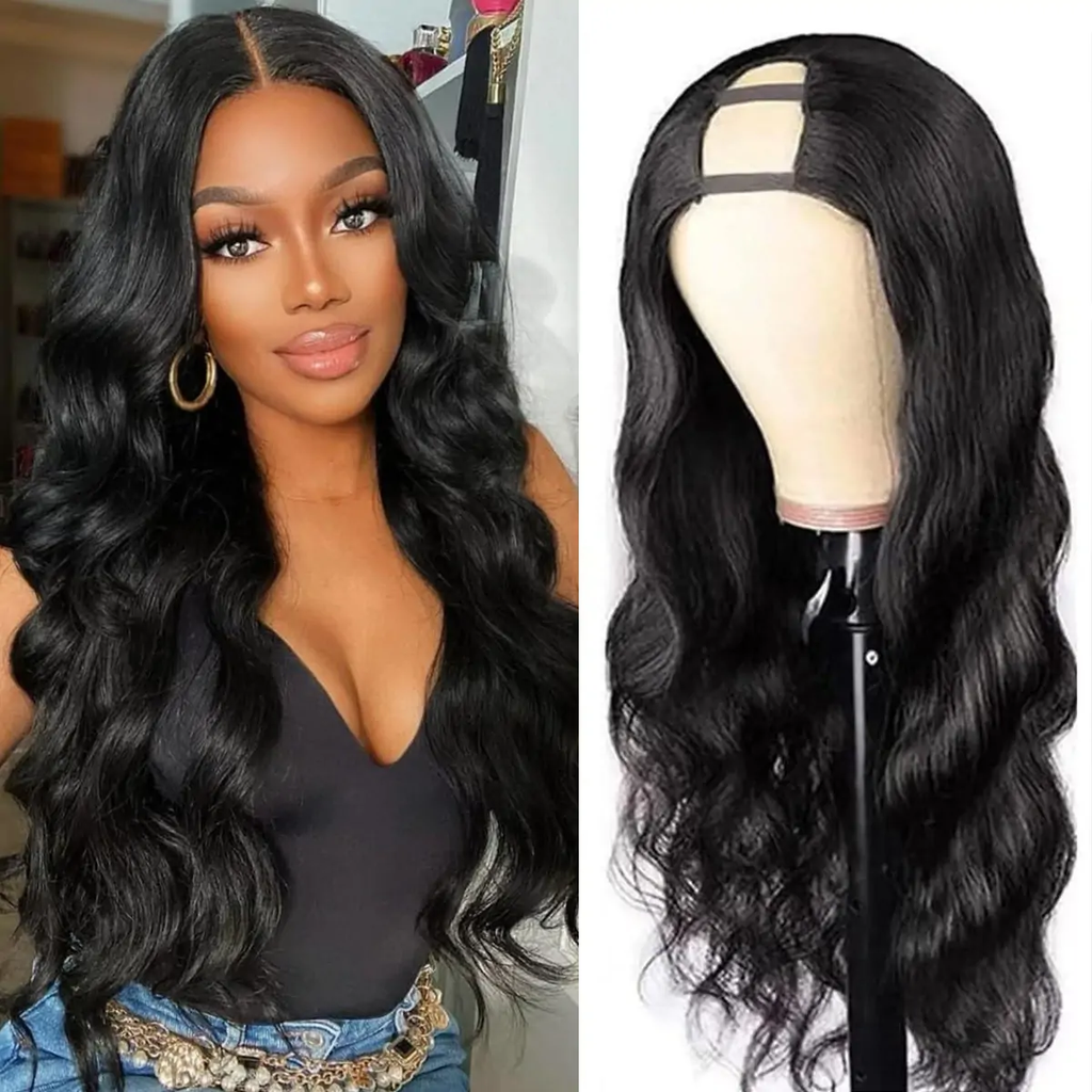 #1B U/V Part Glueless Human Hair Body Wavy Wig 180% Density🎯 Free Shipping