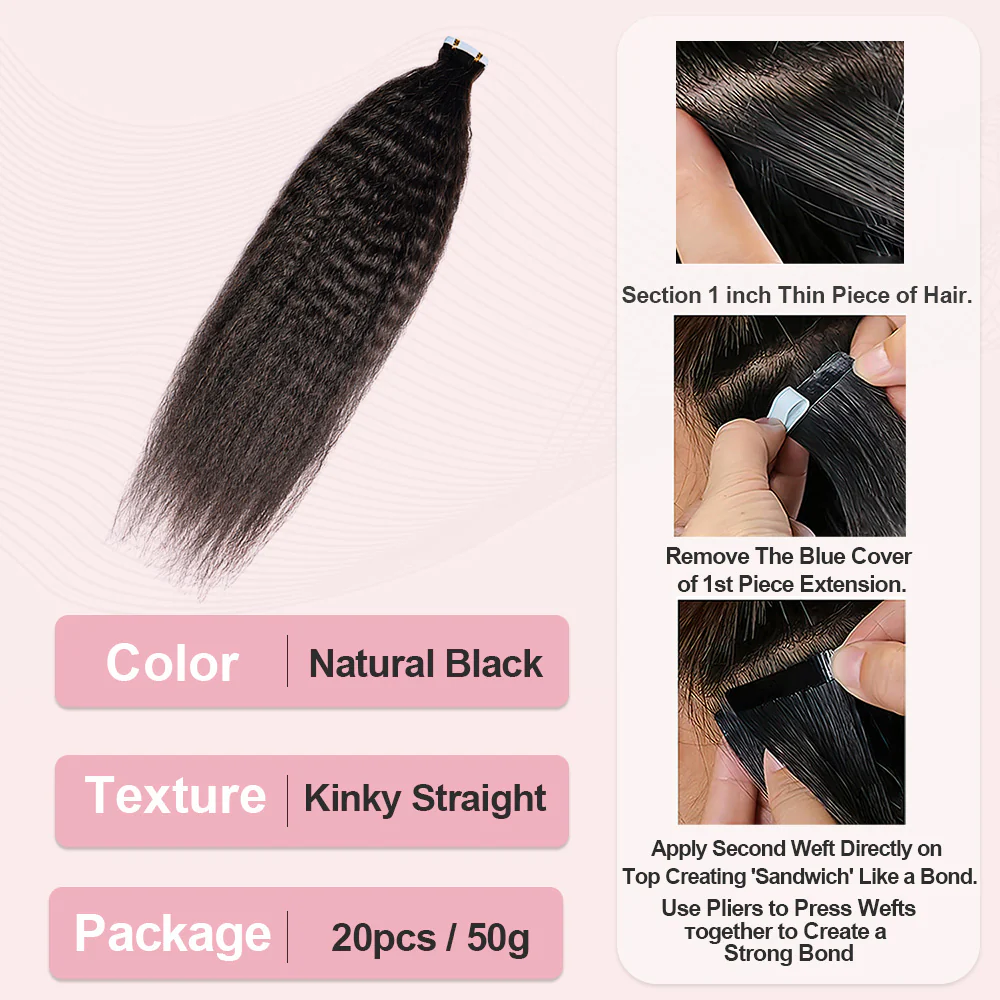 Limited Time 2-Pack Sale 🔥#1B Kinky Straight PU Seamless Tape in Human Hair Extensions🎯 Free Shipping