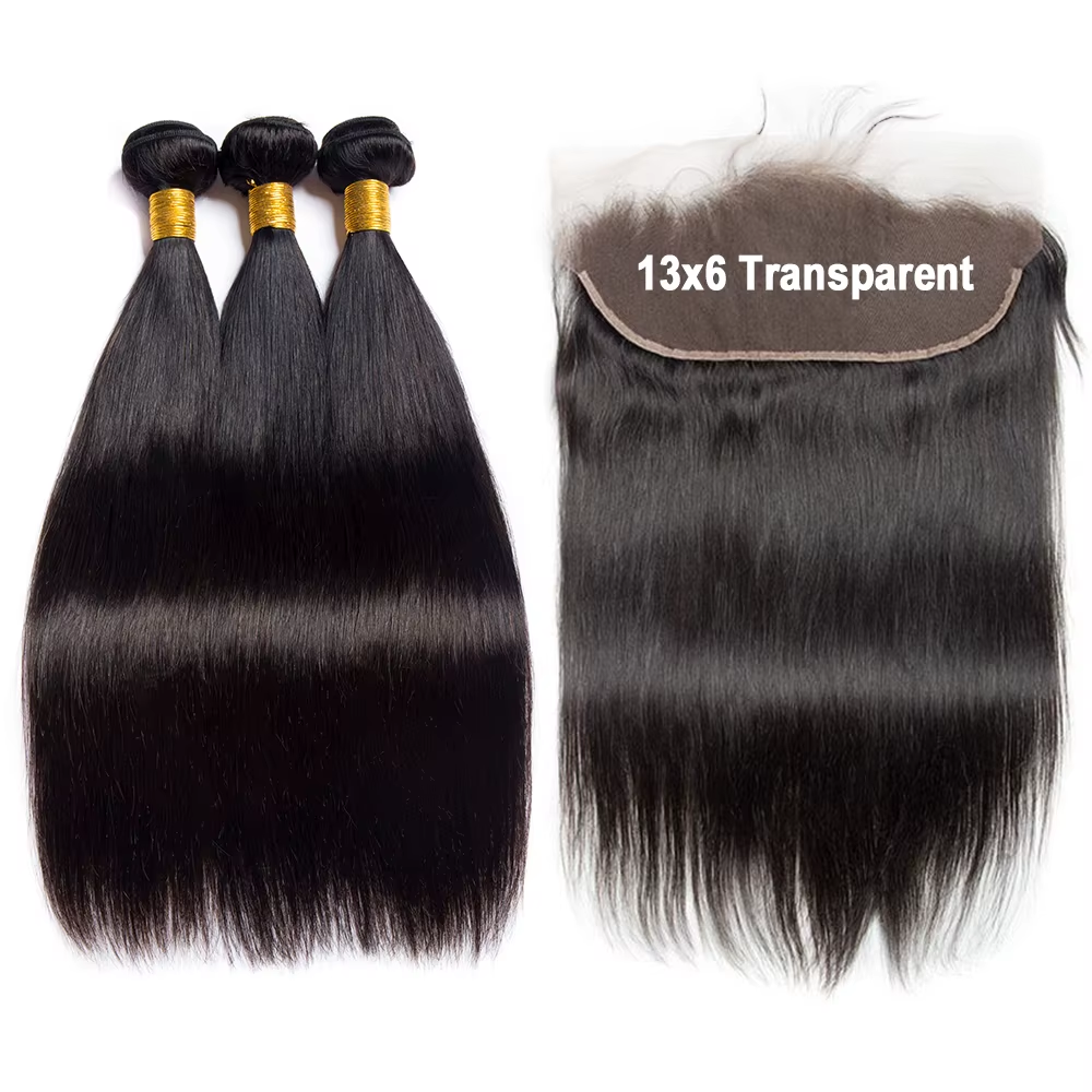 (#1B) Natural Black Human Hair 3 Bundles With 13x6 Lace Frontal🎯 Free Shipping