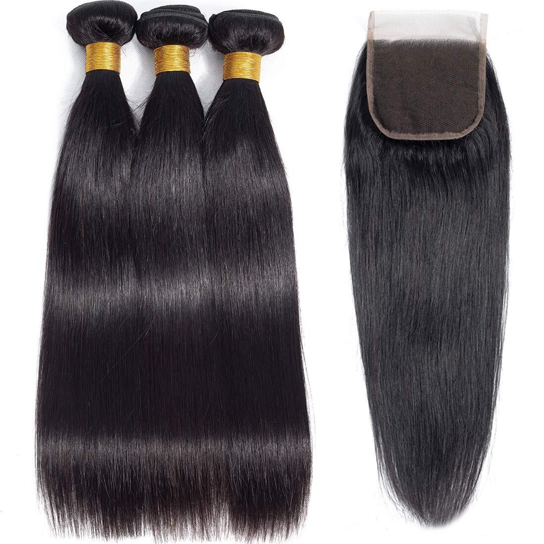 (#1B) Natural Black Human Hair 3 Bundles With 4x4 Closure🎯 Free Shipping