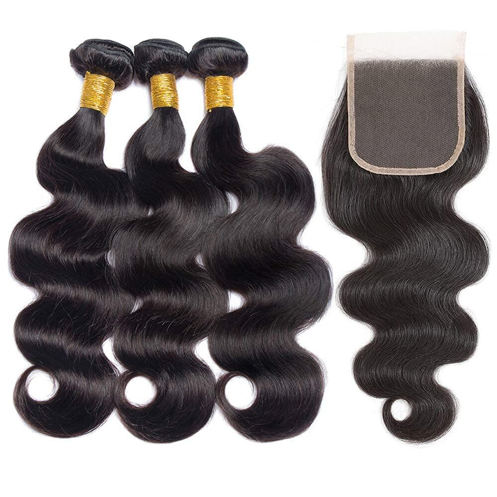 (#1B) Natural Black Human Hair 3 Bundles With 4x4 Closure🎯 Free Shipping