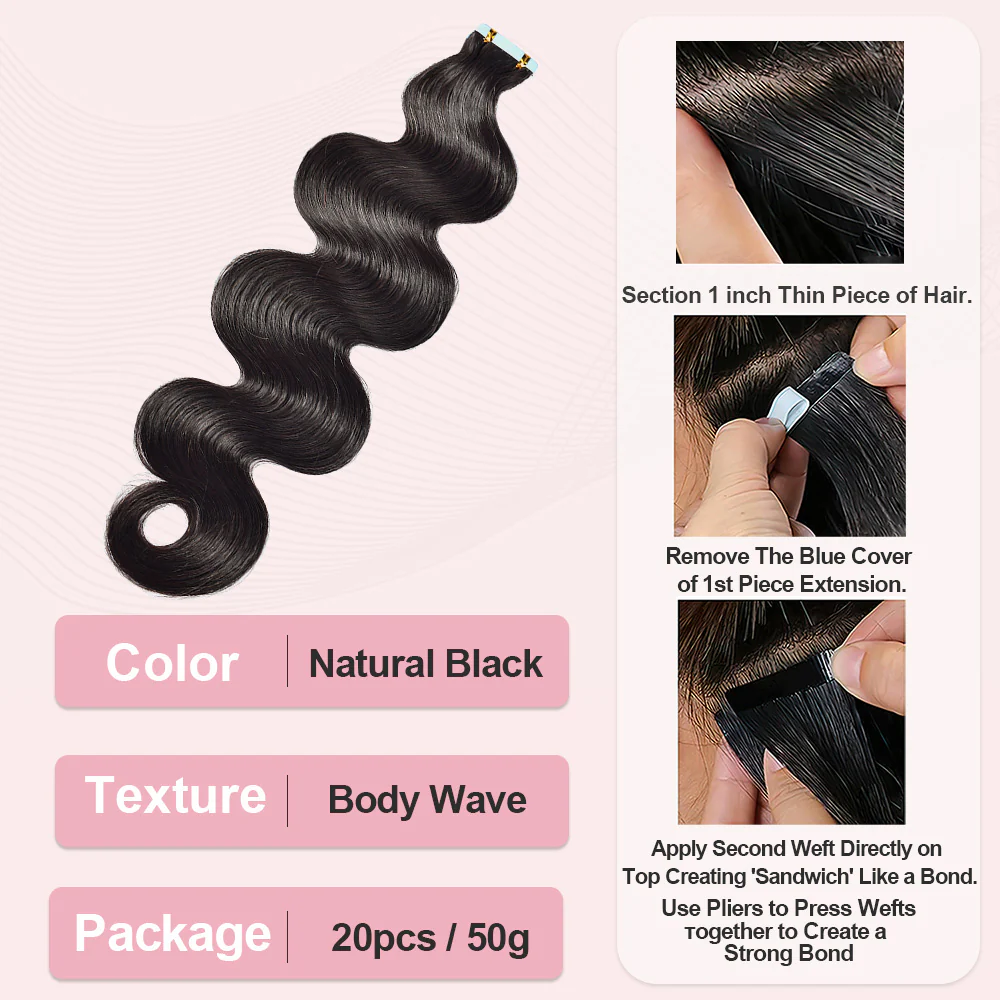 Limited Time 2-Pack Sale 🔥#1B Body Wavy PU Seamless Tape in Human Hair Extensions🎯 Free Shipping