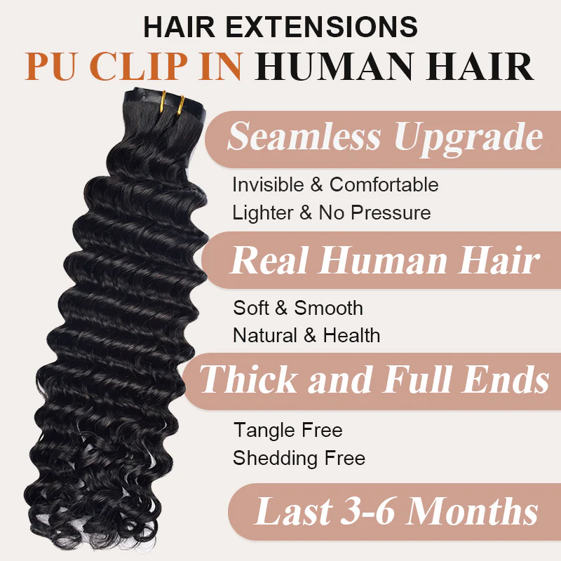 Limited Time 2-Pack Sale 🔥#1B Deep  Wavy PU Seamless Clip in Human Hair Extensions🎯 Free Shipping