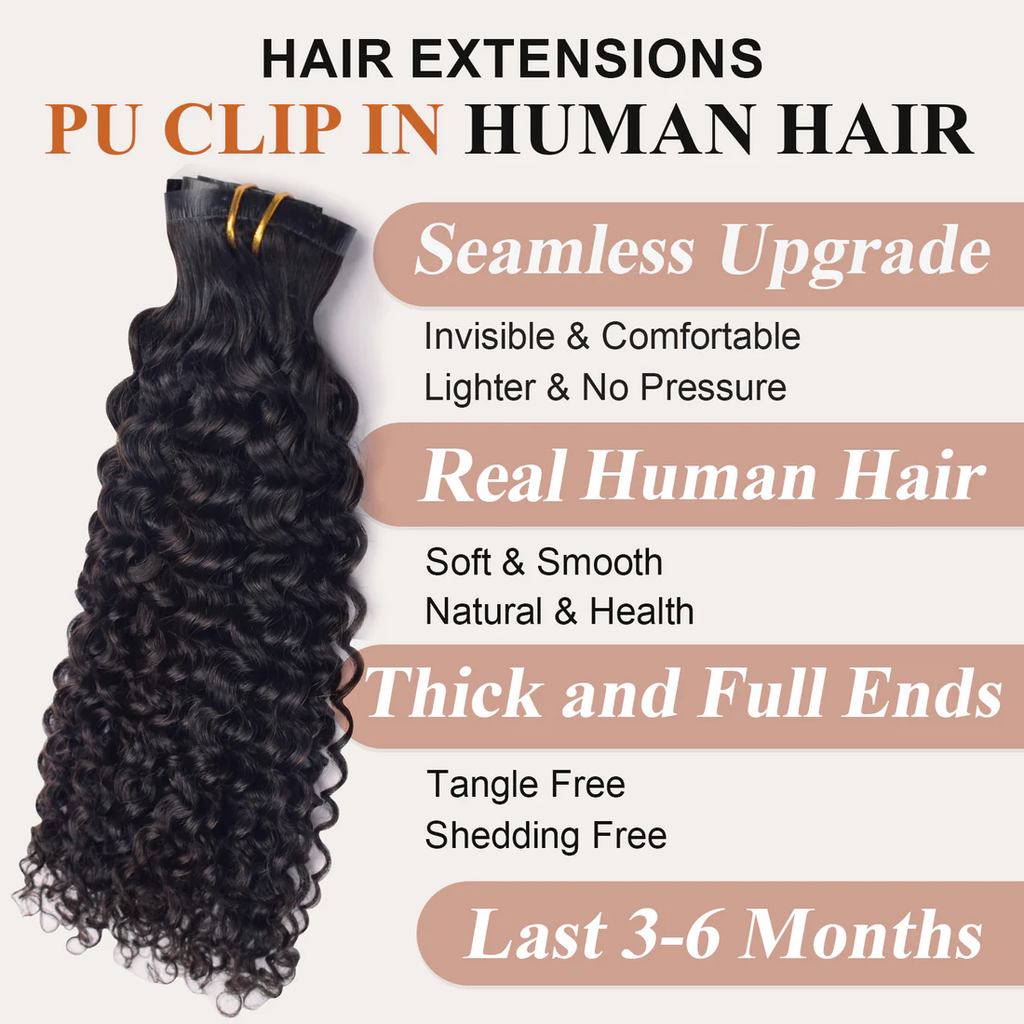 #1B Deep Curly PU Seamless Clip in Human Hair Extensions🎯 Free Shipping