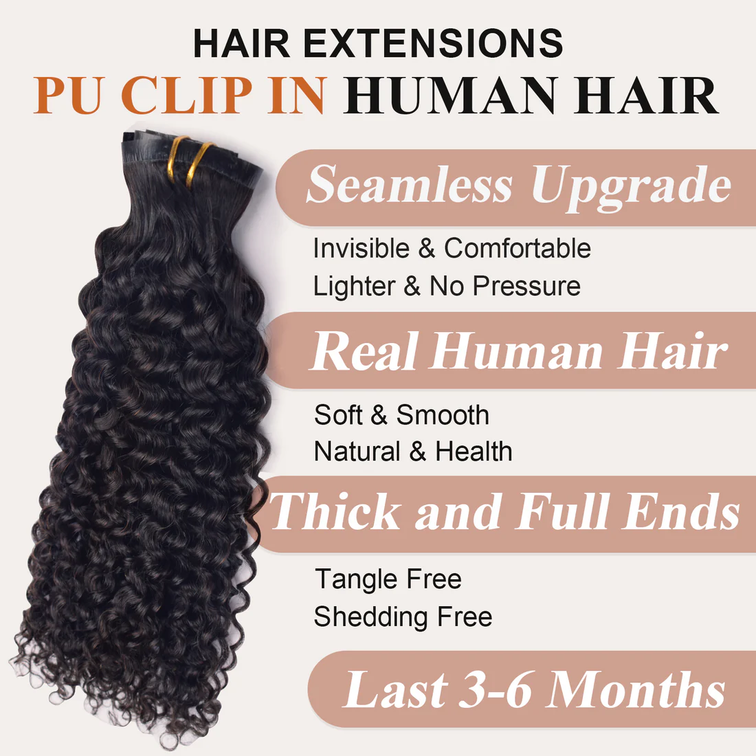 #1B Deep Curly PU Seamless Clip in Human Hair Extensions🎯 Free Shipping