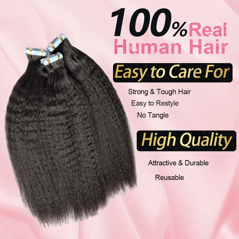 Limited Time 2-Pack Sale 🔥#1B Kinky Straight PU Seamless Tape in Human Hair Extensions🎯 Free Shipping