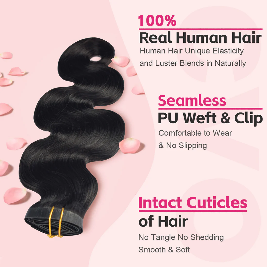 #1B Body Wavy PU Seamless Clip in Human Hair Extensions🎯 Free Shipping