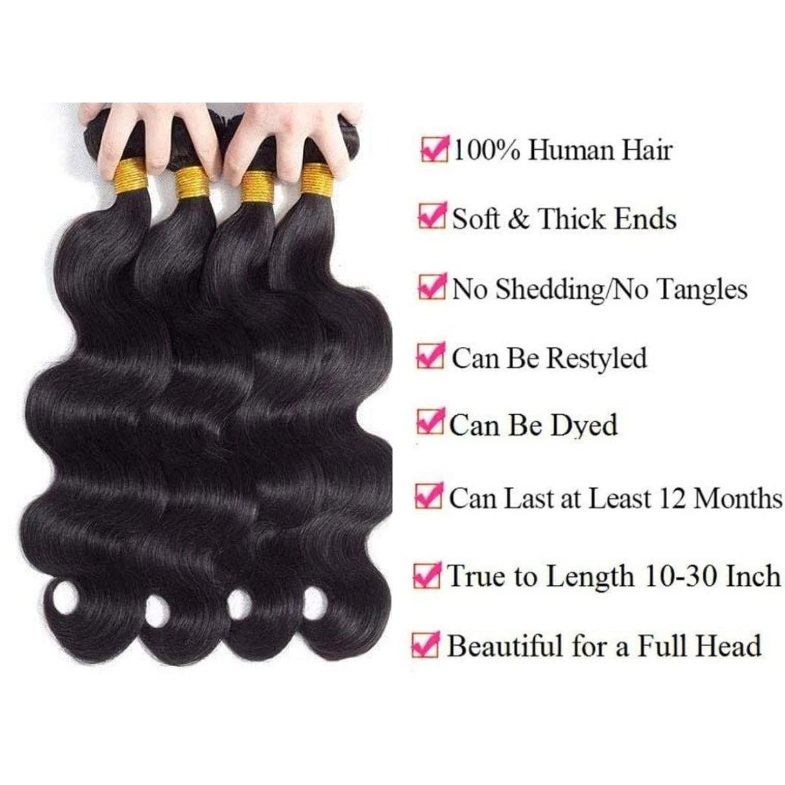 (#1B) Body Wavy Natural Black Human Hair Bundle | 4 PCS🎯 Free Shipping