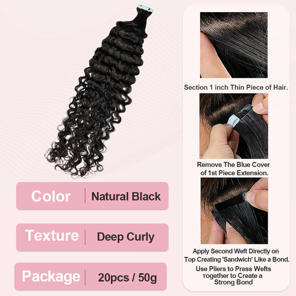 Limited Time 2-Pack Sale 🔥#1B Deep Curly PU Seamless Tape in Human Hair Extensions🎯 Free Shipping