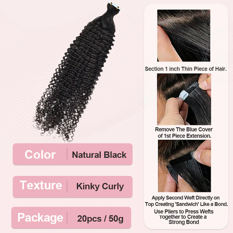 #1B Kinky Curly PU Seamless Tape in Human Hair Extensions🎯 Free Shipping