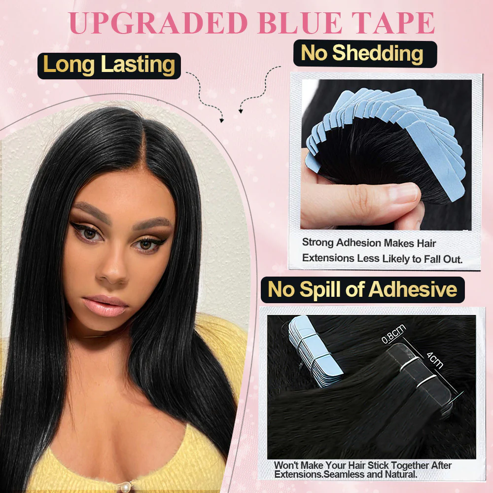 Limited Time 2-Pack Sale 🔥#1B Straight PU Seamless Tape in Human Hair Extensions🎯 Free Shipping