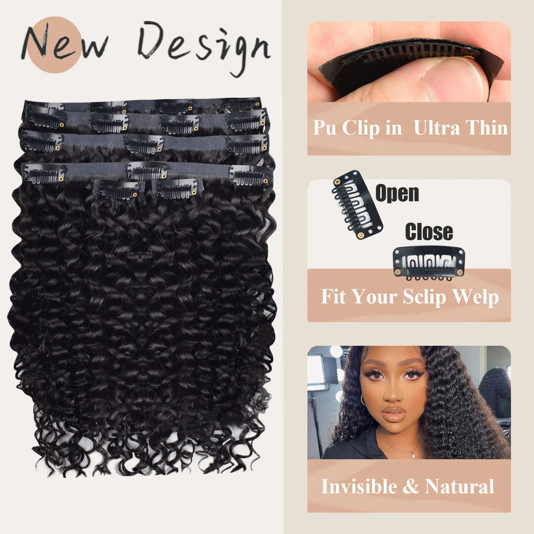 #1B Deep Curly PU Seamless Clip in Human Hair Extensions🎯 Free Shipping
