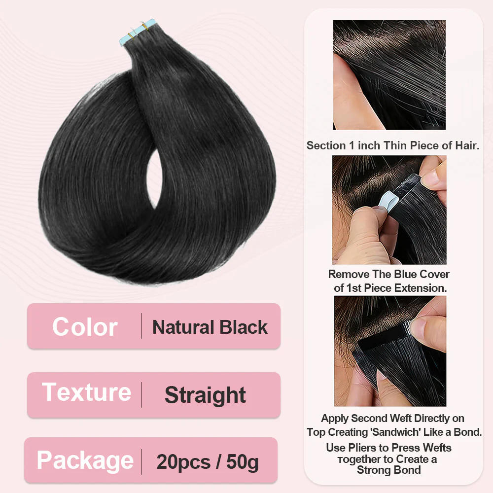 Limited Time 2-Pack Sale 🔥#1B Straight PU Seamless Tape in Human Hair Extensions🎯 Free Shipping