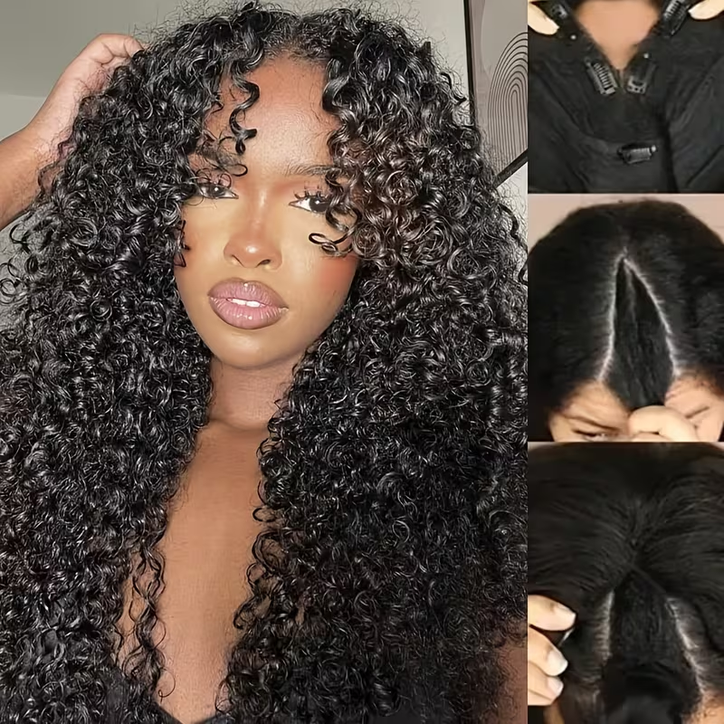 #1B U/V Part Glueless Human Hair Kinky Curly Wig 180% Density🎯 Free Shipping