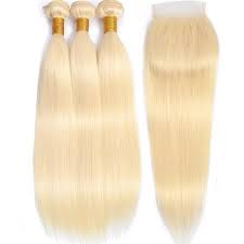 (#613) Blonde Human Hair 3 Bundles With 4x4 Closure🎯 Free Shipping