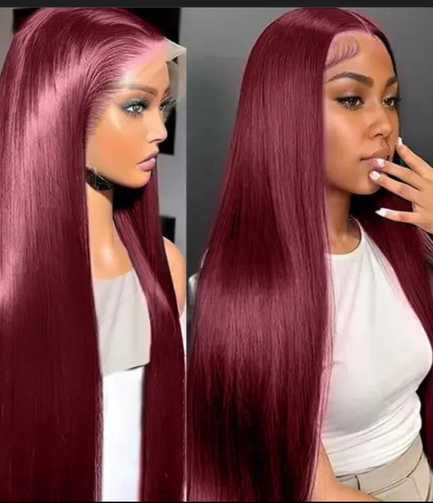 (#99J)Burgundy Straight Human Hair Wig 🎯 Free Shipping 🎯Buy Now Pay Later